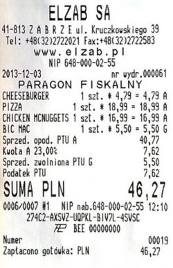 Przykładowy paragon z NIP'em wystawiony na drukarce Elzab Mera TE o numerze unikatowym BEE