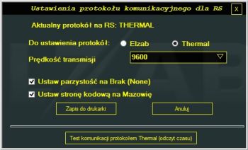 Ustawienia protokołu komunikacyjnego RS w programie serwisowym Elzab Stampa