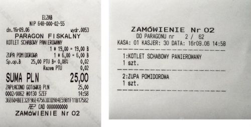 Przykładowy paragon z kasy fiskalnej Elzab i przykładowe zamówienie z drukarki paragonowej EVE