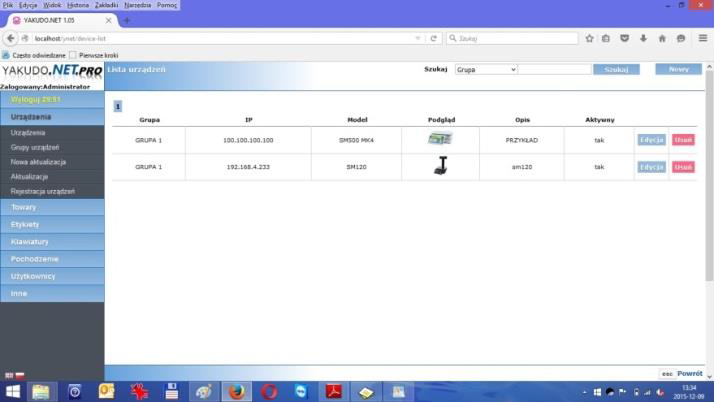 Lista urządzeń dodanych do programu YAKUDO