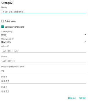 Karta z ustawieniami sieciowymi na tablecie Dotykacka Android