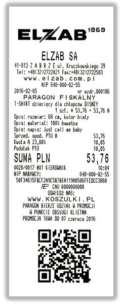 Przykładowy paragon z NIP'em wydrukowany na drukarce Elzab Mera TE o numerze unikatowym CAU