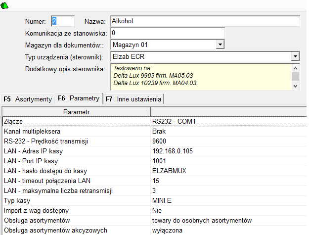 Zdefiniowanie Elzab Mini na dedykowanym sterowniku