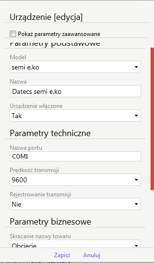 Okno ustawienia połączenia z urządzeniem fiskalnym