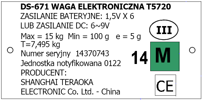 Tabliczka znamionowa wagi z legalizacją