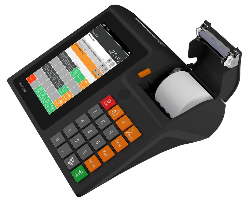 Boczny widok Novitus Next Pro z otwartą klapką papieru – funkcjonalna kasa fiskalna online z e-paragonem.