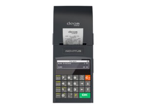 Drukarka fiskalna Novitus Deon z WiFi widok z góry z paragonem