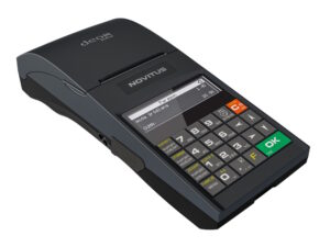 Drukarka fiskalna Novitus Deon z WiFi widok ze strony kasjera i złącze zasilania