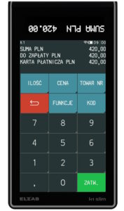 Kasa fiskalna Slim K1 widziana od przodu, z wyraźnym dotykowym wyświetlaczem, na jasnym tle.