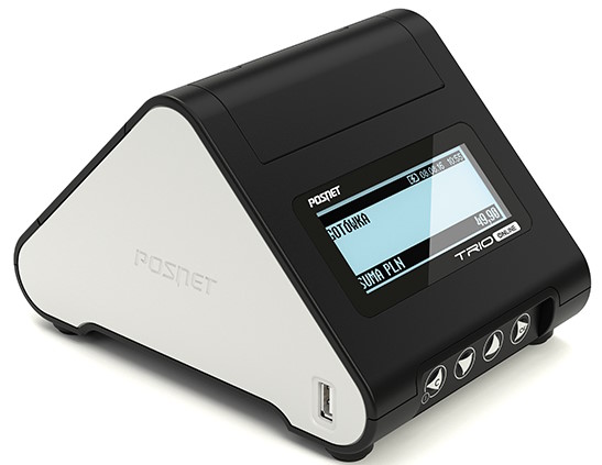 Posnet Trio Online – lewy widok od strony sprzedawcy z ekranem kasjera i przyciskami, refleks na wyświetlaczu